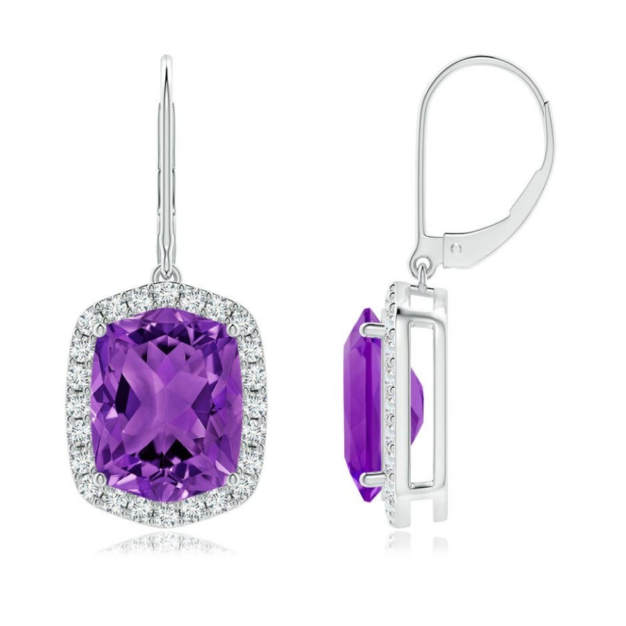 Earrings Angara Amethyst | Rectangular Cushion Amethyst Halo Dangle Earrings