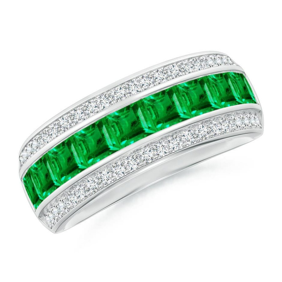 Rings Angara Emerald | Channel-Set Square Emerald And Diamond Half Eternity Band