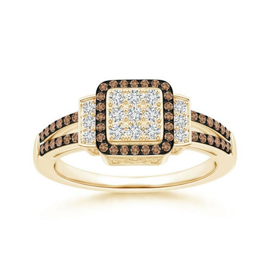 Rings Angara Coffee Diamond | Split Shank Brown And White Diamond Square Cluster Ring