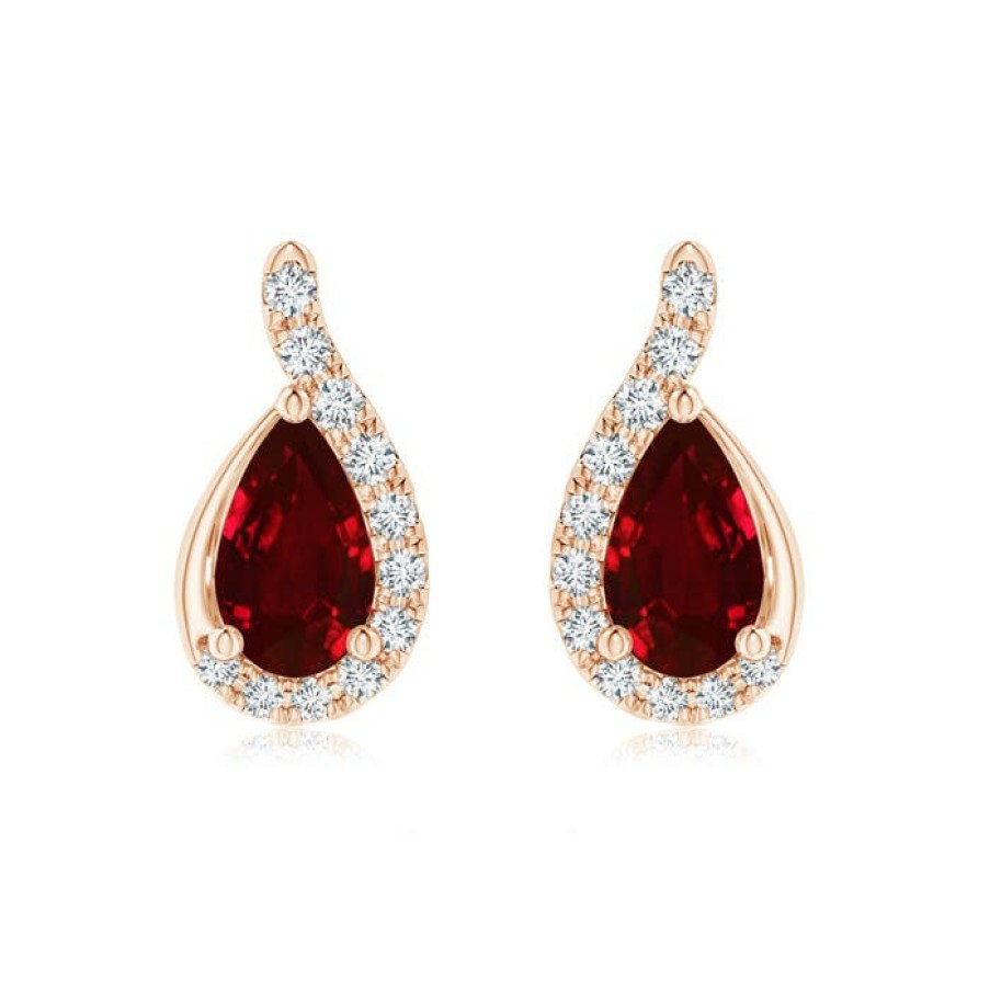 Earrings Angara Ruby | Pear Ruby Earrings With Diamond Swirl Frame