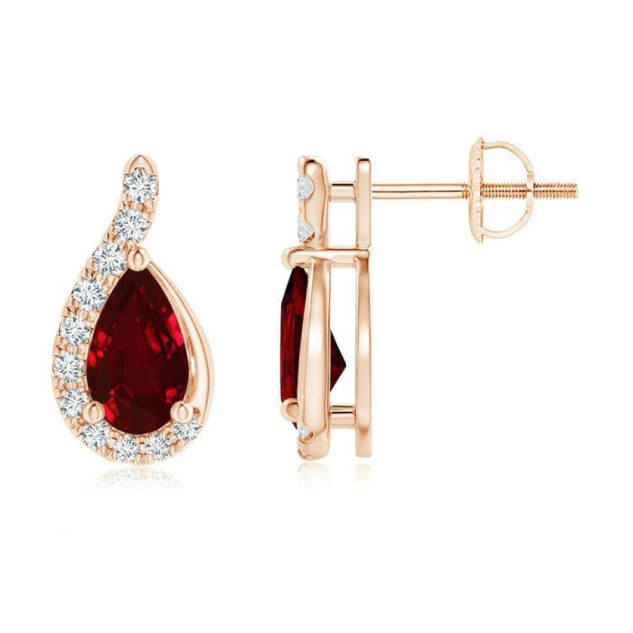 Earrings Angara Ruby | Pear Ruby Earrings With Diamond Swirl Frame