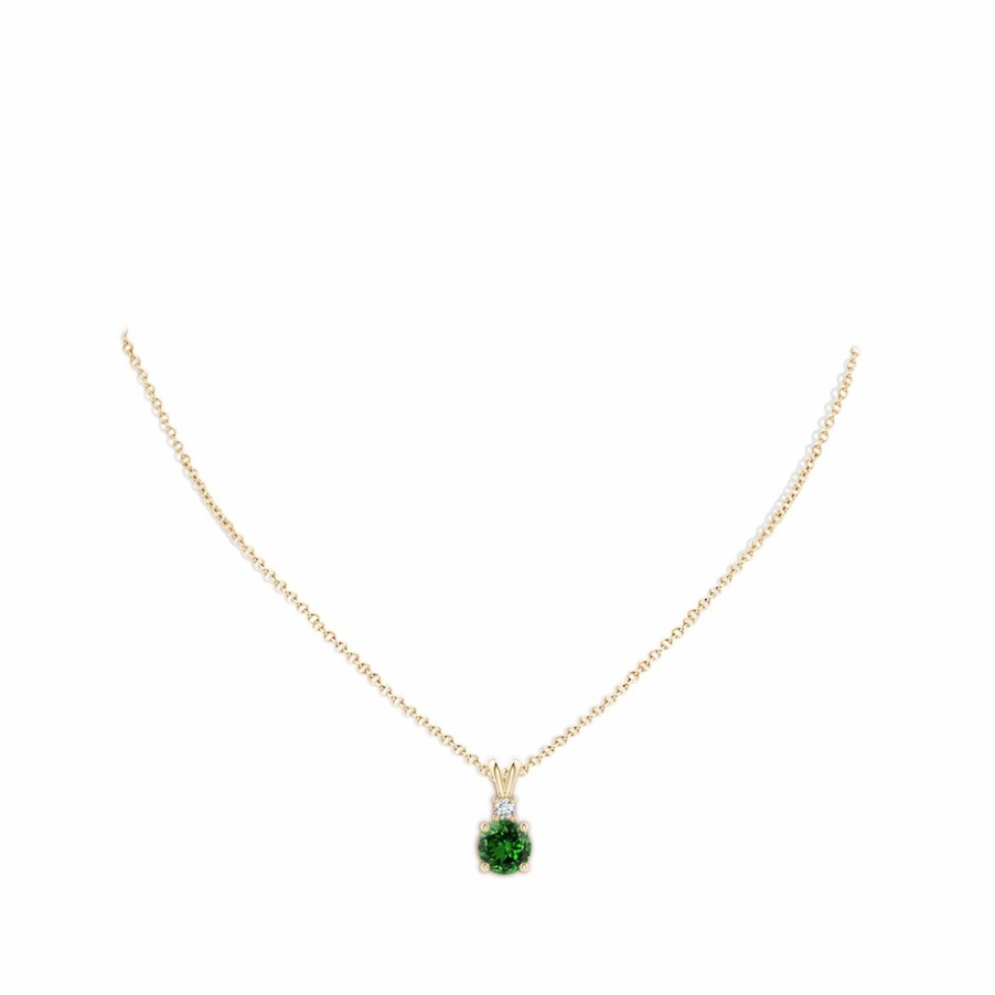 Necklaces Angara Emerald | Lab-Grown Round Emerald Solitaire V-Bale Pendant With Lab Diamond