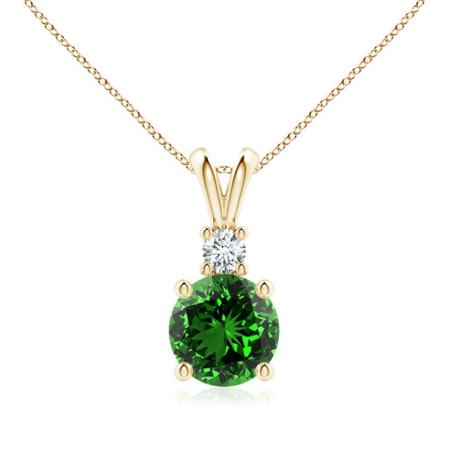 Necklaces Angara Emerald | Lab-Grown Round Emerald Solitaire V-Bale Pendant With Lab Diamond