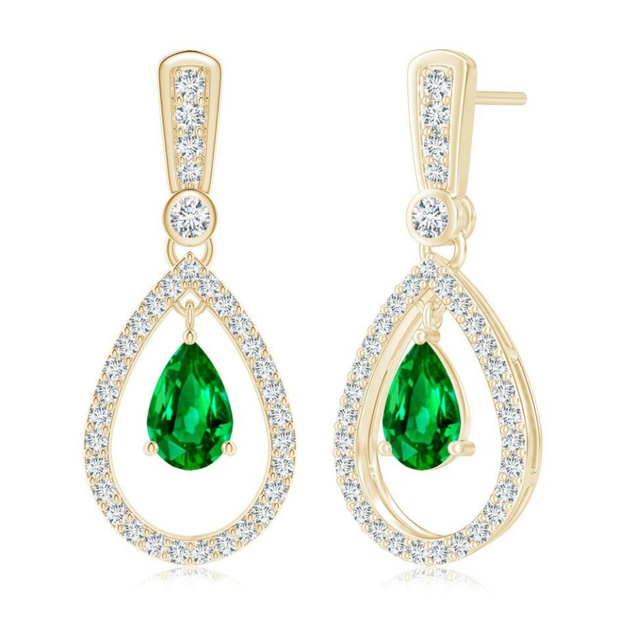 Earrings Angara Emerald | Floating Emerald And Diamond Halo Teardrop Earrings