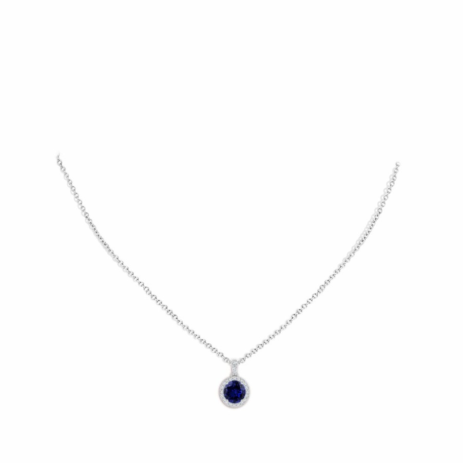 Necklaces Angara Blue Sapphire | Lab-Grown Round Sapphire Dangle Pendant With Lab Diamond Halo