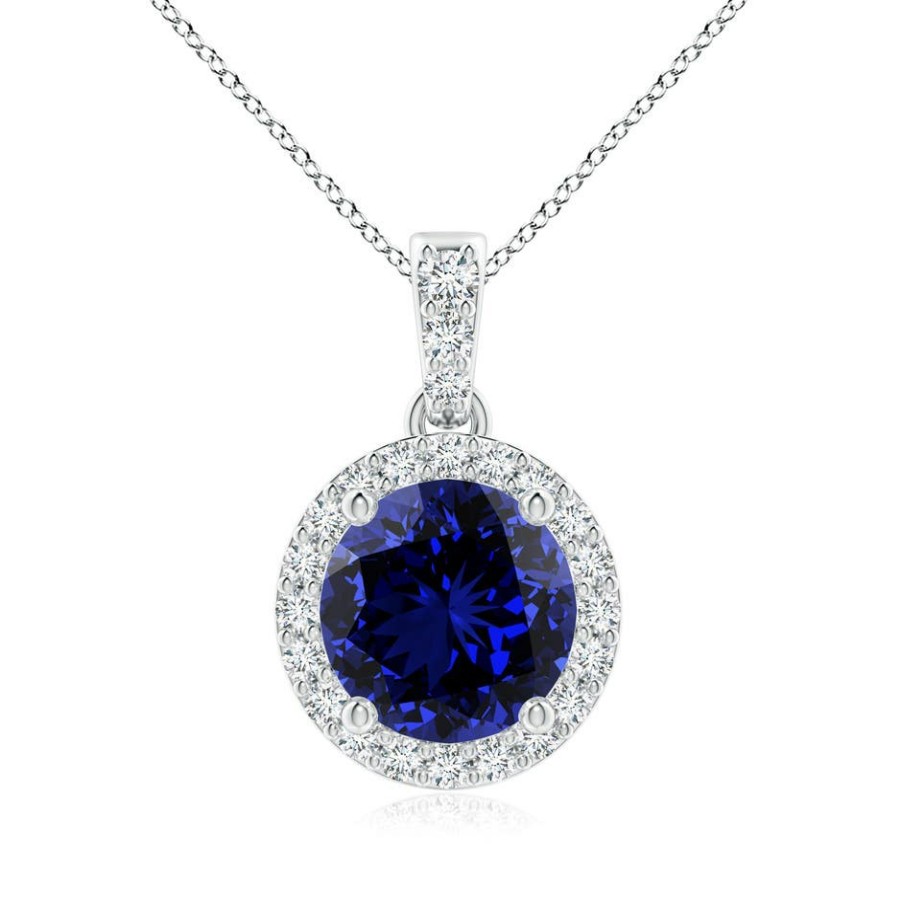 Necklaces Angara Blue Sapphire | Lab-Grown Round Sapphire Dangle Pendant With Lab Diamond Halo