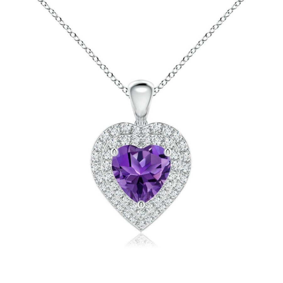 Necklaces Angara Amethyst | Amethyst Heart Pendant With Diamond Double Halo