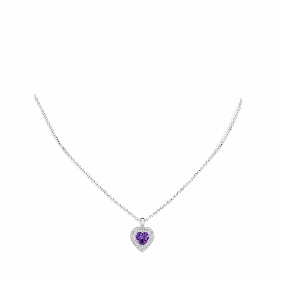 Necklaces Angara Amethyst | Amethyst Heart Pendant With Diamond Double Halo