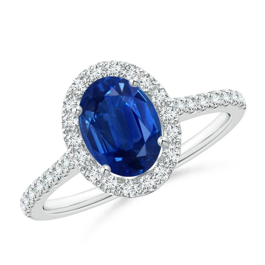 Rings Angara Blue Sapphire | Oval Sapphire Halo Ring With Diamond Accents