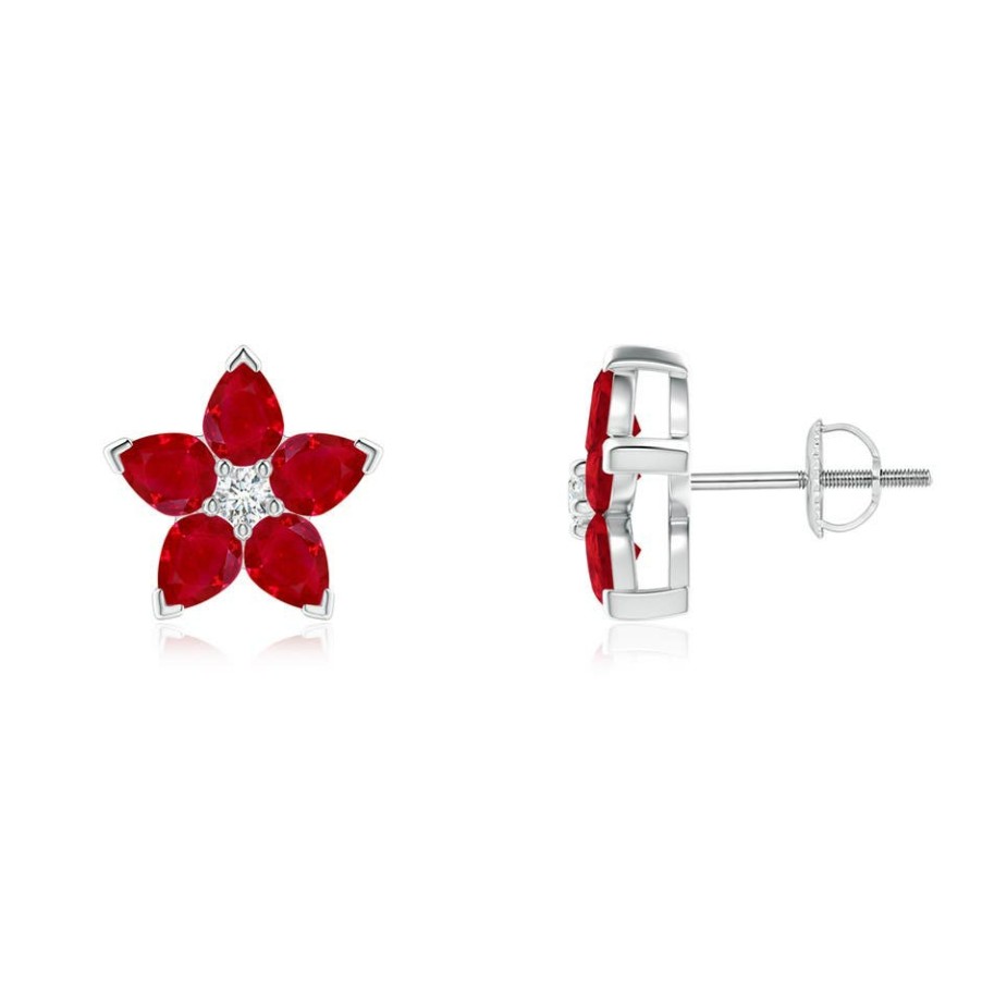 Earrings Angara Ruby | V-Prong Set Ruby And Diamond Flower Stud Earrings