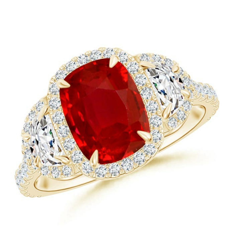 Rings Angara Ruby | Cushion Ruby And Half Moon Diamond Halo Ring