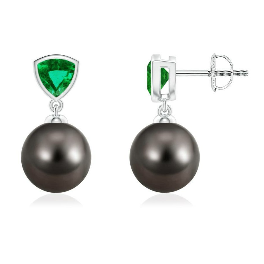 Earrings Angara Tahitian Pearl | Tahitian Pearl & Trillion Emerald Drop Earrings