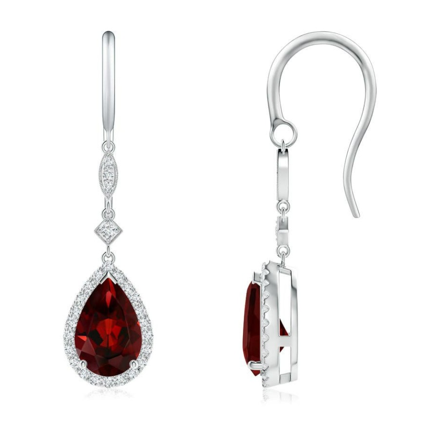 Earrings Angara Garnet | Pear-Shaped Garnet Drop Earrings With Diamond Halo