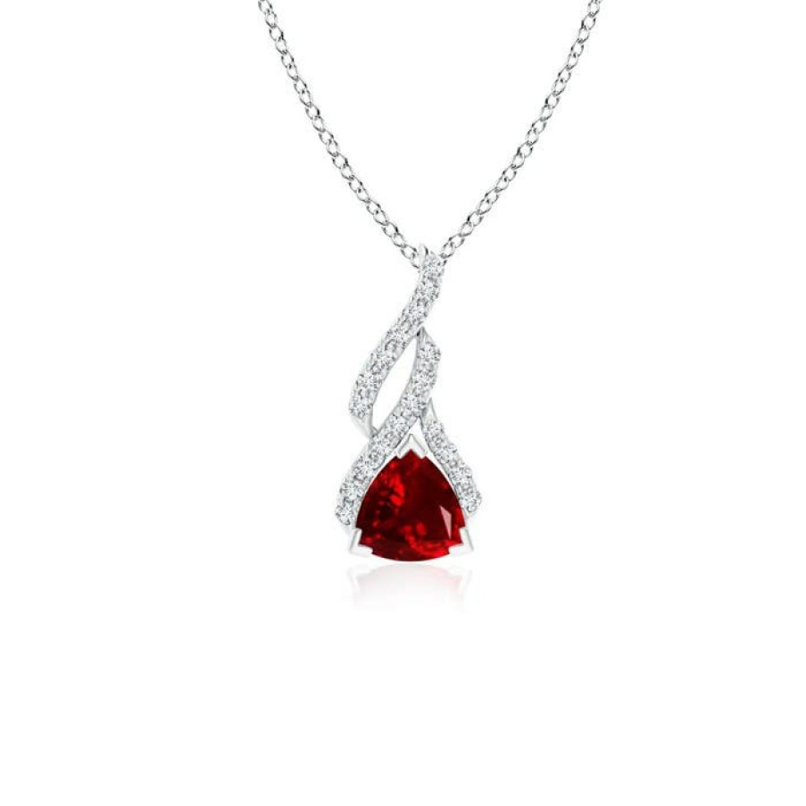 Necklaces Angara Ruby | Trillion Ruby Solitaire Pendant With Diamond Swirl