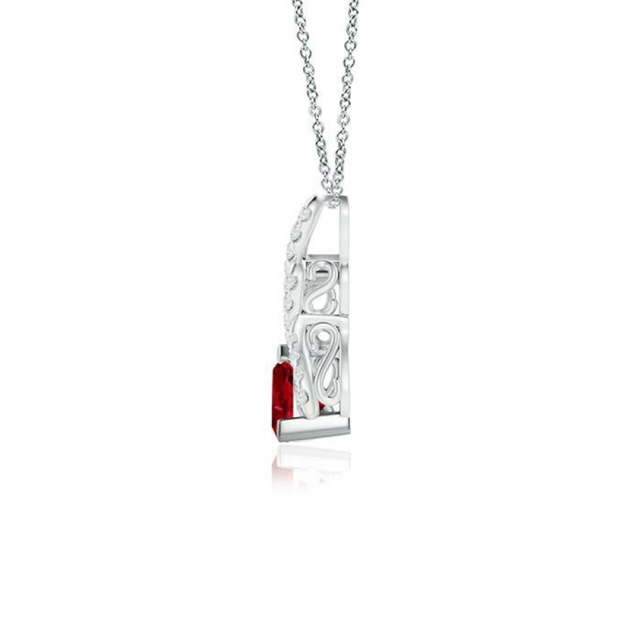 Necklaces Angara Ruby | Trillion Ruby Solitaire Pendant With Diamond Swirl