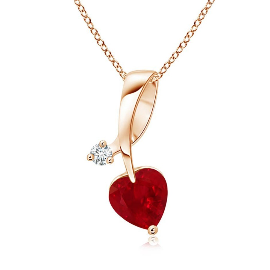 Necklaces Angara Ruby | Heart-Shaped Ruby Ribbon Pendant With Diamond