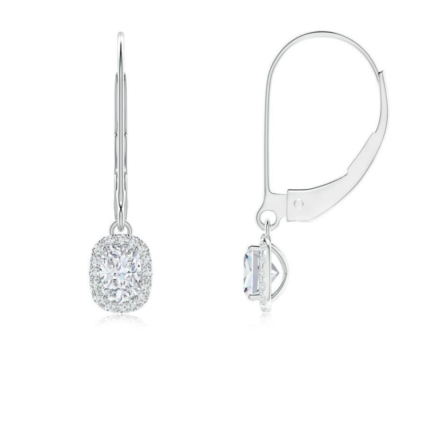 Earrings Angara Diamond | Lab-Grown Cushion Diamond Leverback Earrings With Halo