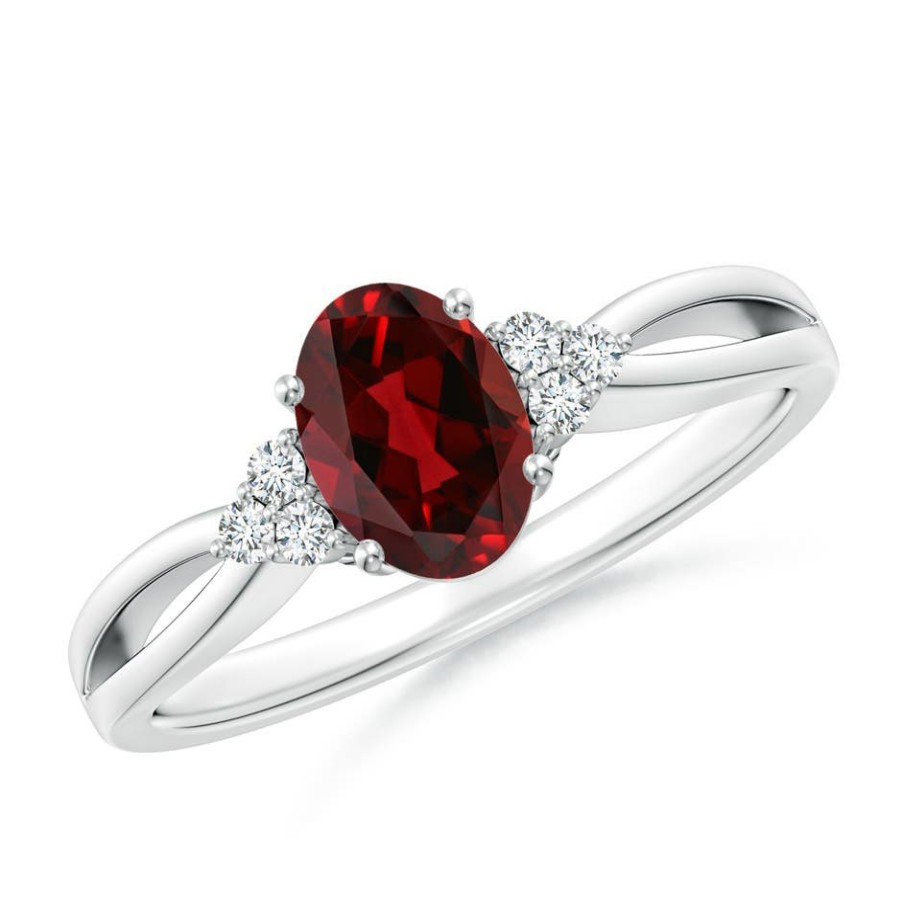 Rings Angara Garnet | Solitaire Oval Garnet Split Shank Ring With Trio Diamonds