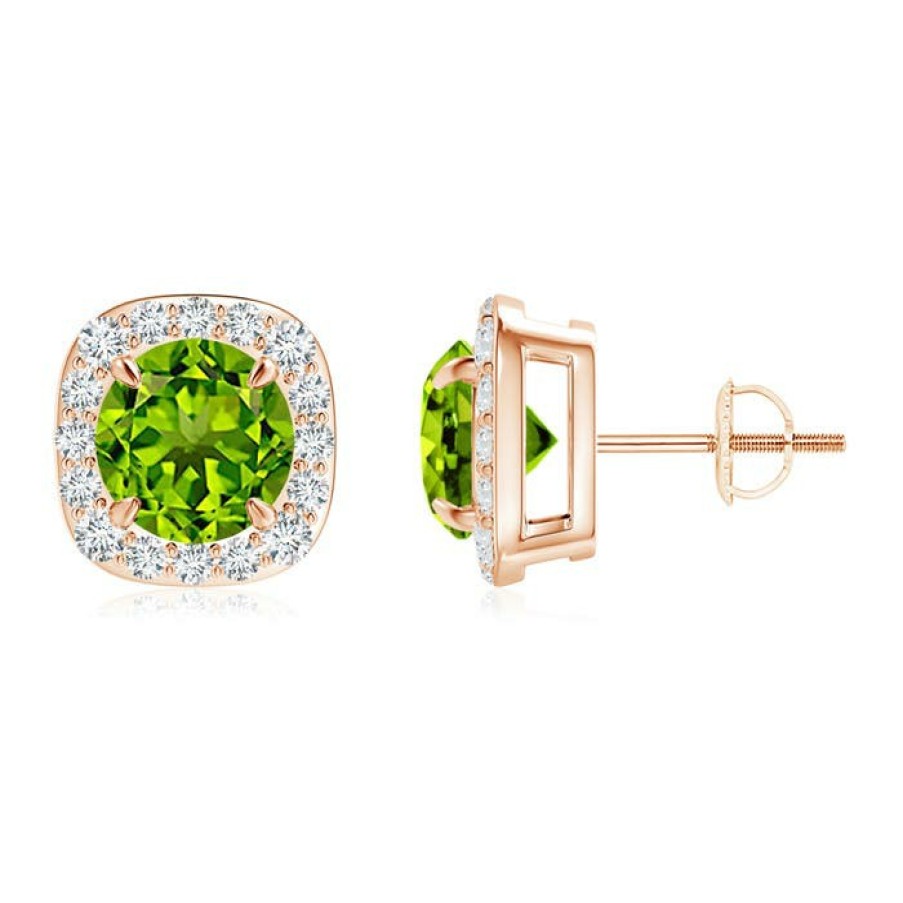 Earrings Angara Peridot | Claw-Set Peridot And Diamond Cushion Halo Stud Earrings