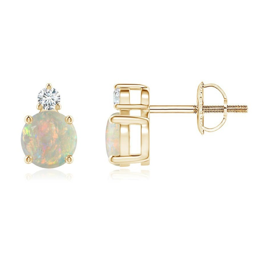 Earrings Angara Opal | Basket-Set Round Opal Stud Earrings With Diamond