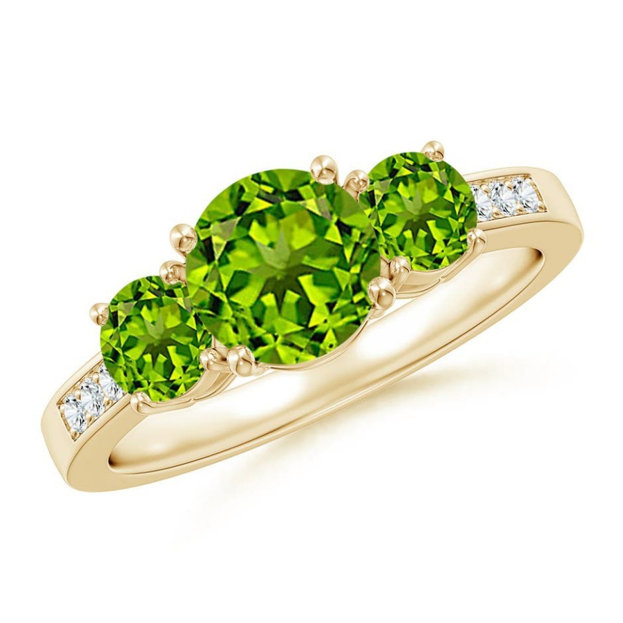 Rings Angara Peridot | Three Stone Round Peridot Ring With Diamond Accents