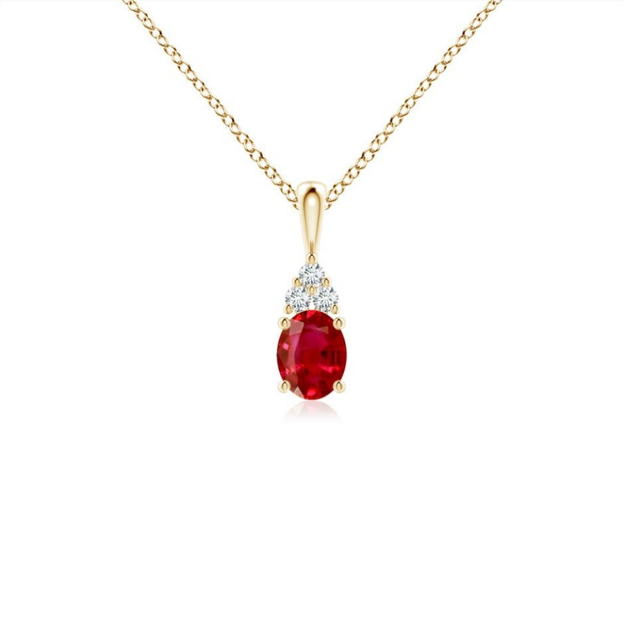 Necklaces Angara Ruby | Oval Ruby Solitaire Pendant With Trio Diamond