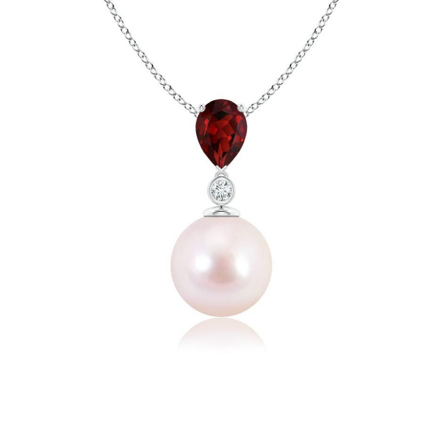 Necklaces Angara Akoya Pearl | Japanese Akoya Pearl & Pear Garnet Drop Pendant