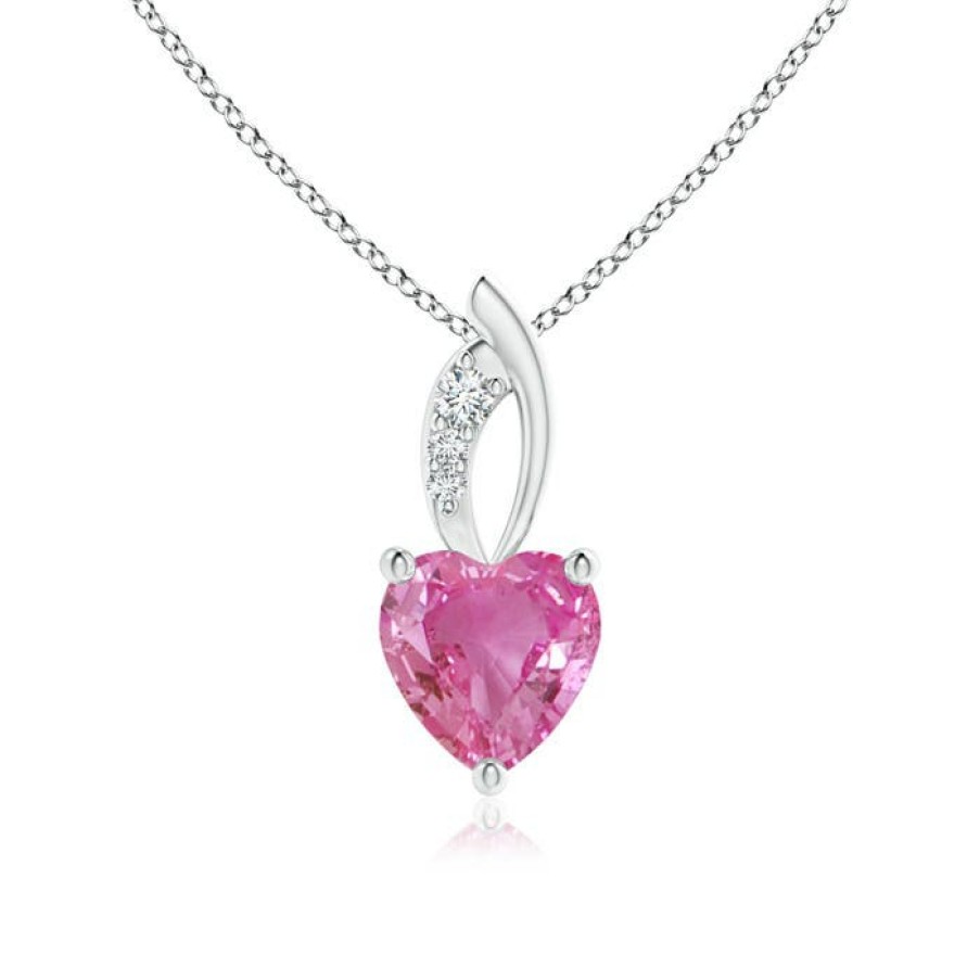 Necklaces Angara Pink Sapphire | Pink Sapphire Heart Pendant With Diamond Accents