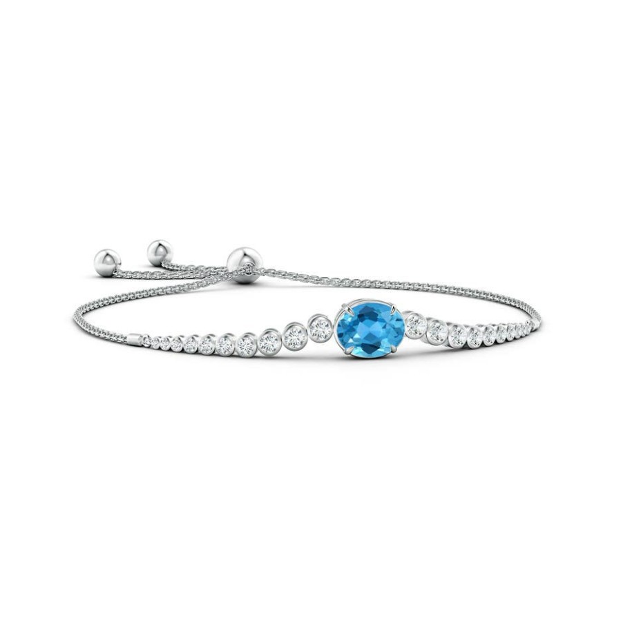 Bracelets Angara Swiss Blue Topaz | Oval Swiss Blue Topaz Bolo Bracelet With Bezel Diamonds