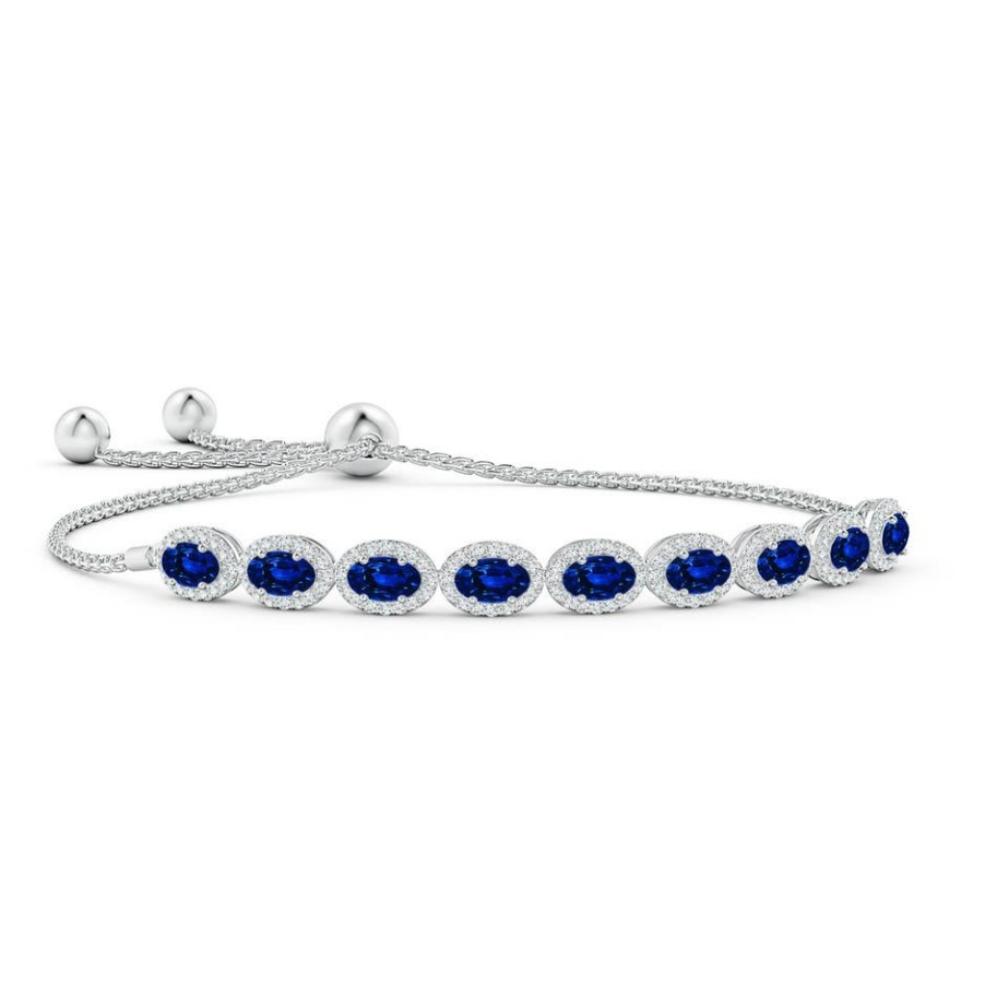 Bracelets Angara Blue Sapphire | Oval Sapphire Bolo Bracelet With Diamond Halo