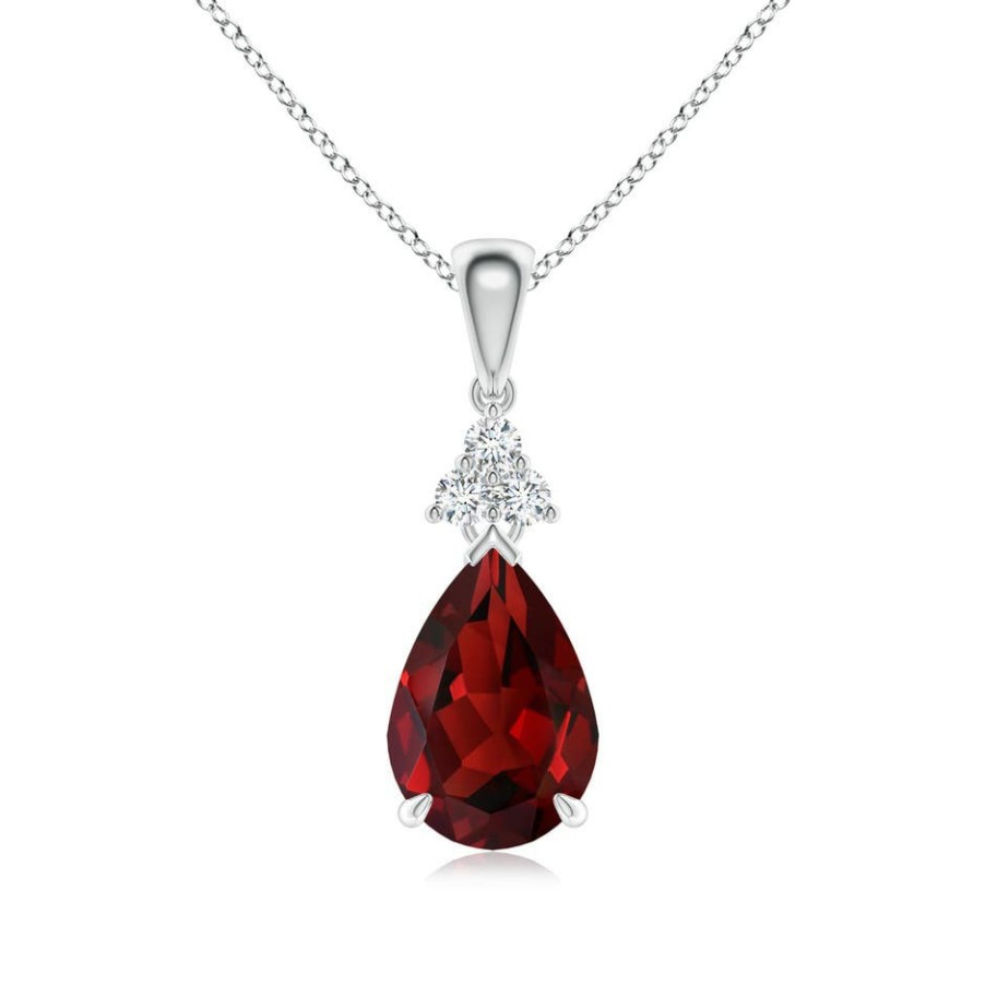 Necklaces Angara Garnet | Claw-Set Garnet Drop Pendant With Trio Diamonds