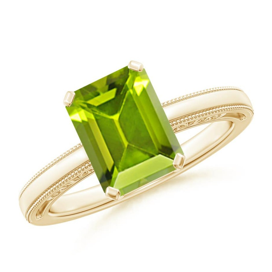 Rings Angara Peridot | Emerald Cut Peridot Solitaire Ring With Milgrain