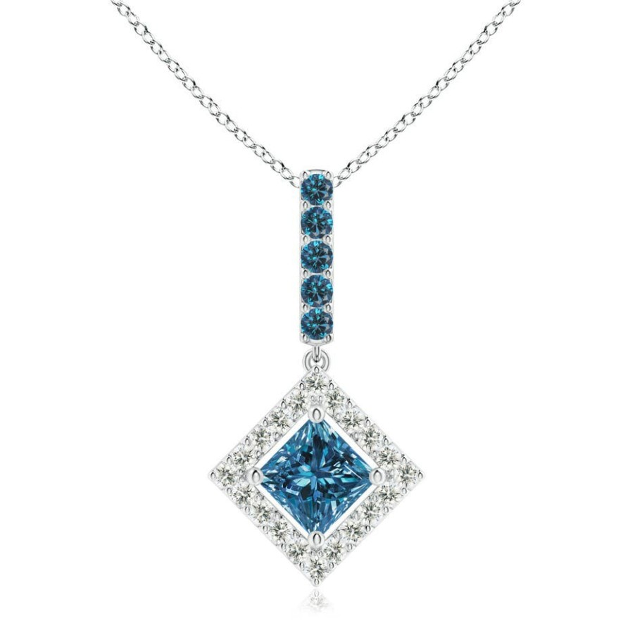 Necklaces Angara Enhanced Blue | Floating Halo Princess-Cut Blue Diamond Pendant