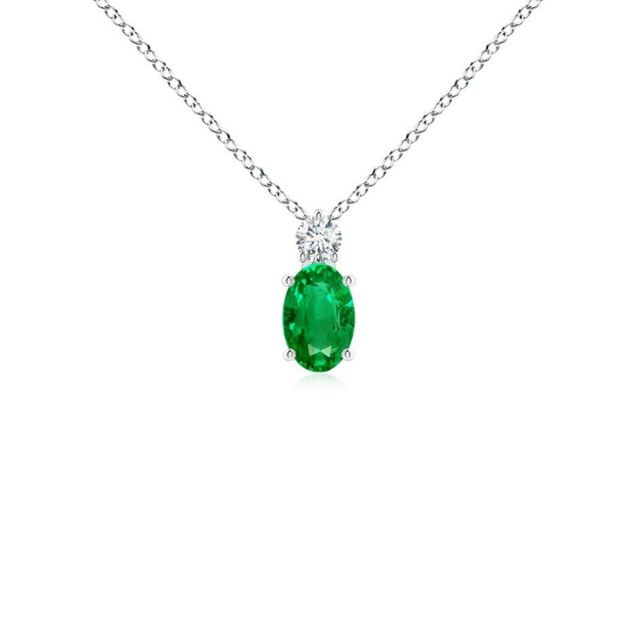 Necklaces Angara Emerald | Oval Emerald Solitaire Pendant With Diamond