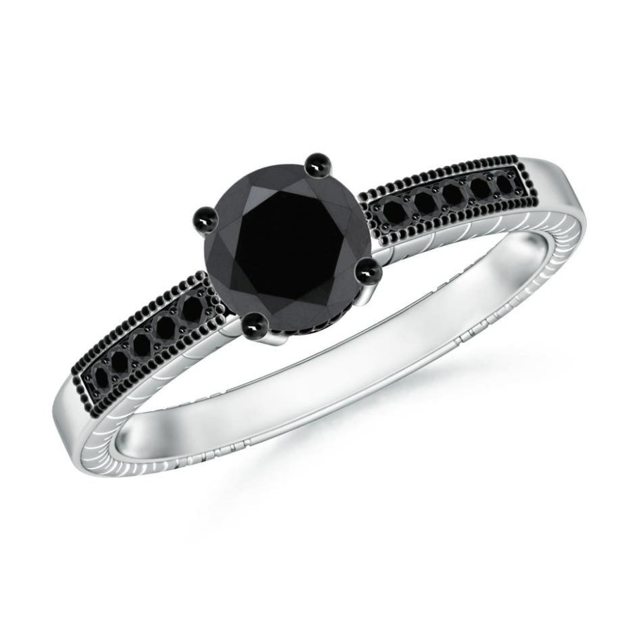 Rings Angara Enhanced Black | Round Black Diamond Solitaire Ring With Milgrain