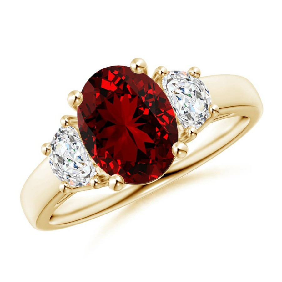 Rings Angara Ruby | Lab-Grown Three Stone Oval Ruby And Half Moon Lab Diamond Ring