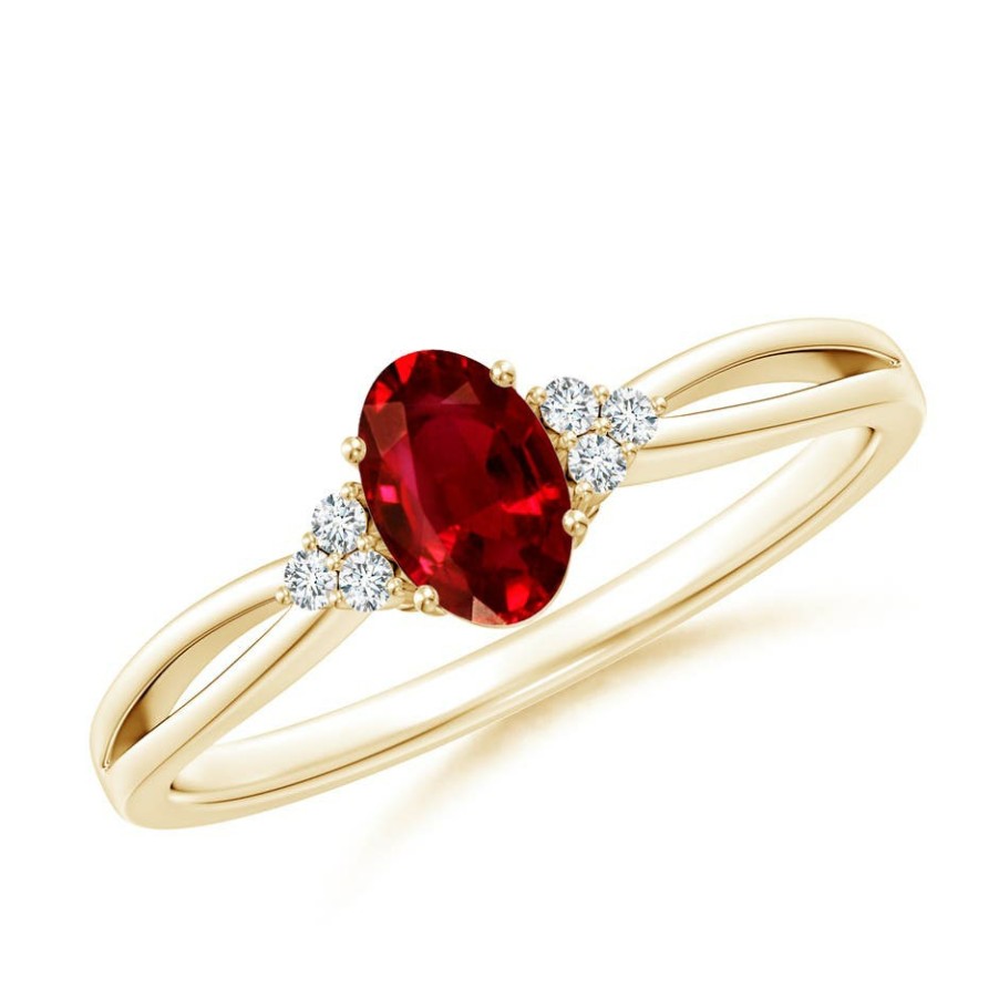 Rings Angara Ruby | Solitaire Oval Ruby Split Shank Ring With Trio Diamonds