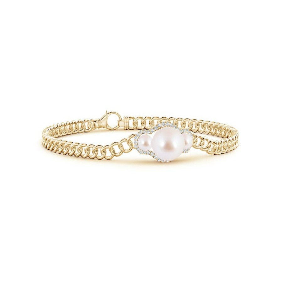 Bracelets Angara Akoya Pearl | Three Stone Japanese Akoya Pearl Bracelet With Diamond Halo