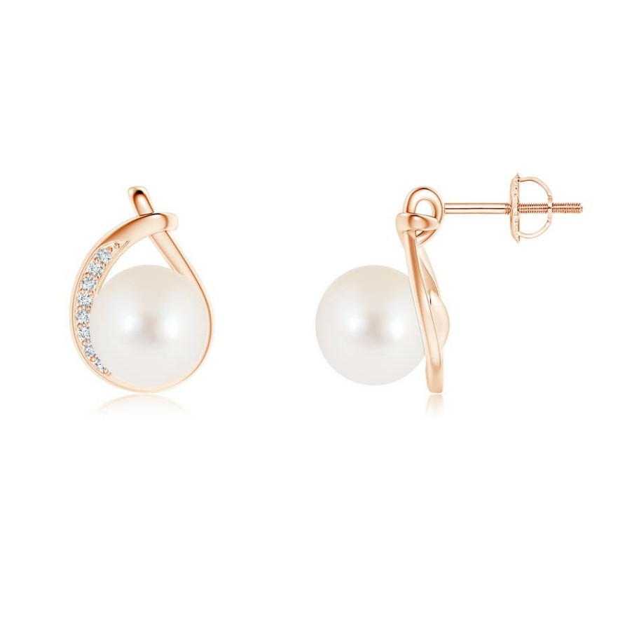 Earrings Angara Freshwater Pearl | Freshwater Pearl Stud Earrings With Pave Diamonds