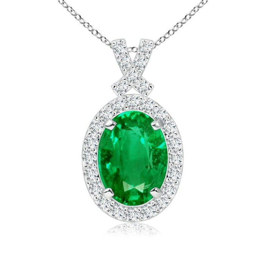 Necklaces Angara Emerald | Vintage Style Emerald Pendant With Diamond Halo