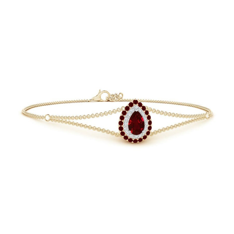 Bracelets Angara Ruby | Pear-Shaped Ruby Bracelet With Double Halo