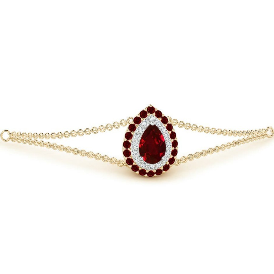 Bracelets Angara Ruby | Pear-Shaped Ruby Bracelet With Double Halo