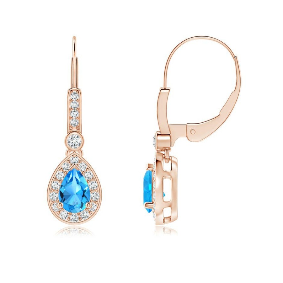 Earrings Angara Swiss Blue Topaz | Pear-Shaped Swiss Blue Topaz And Diamond Halo Drop Earrings