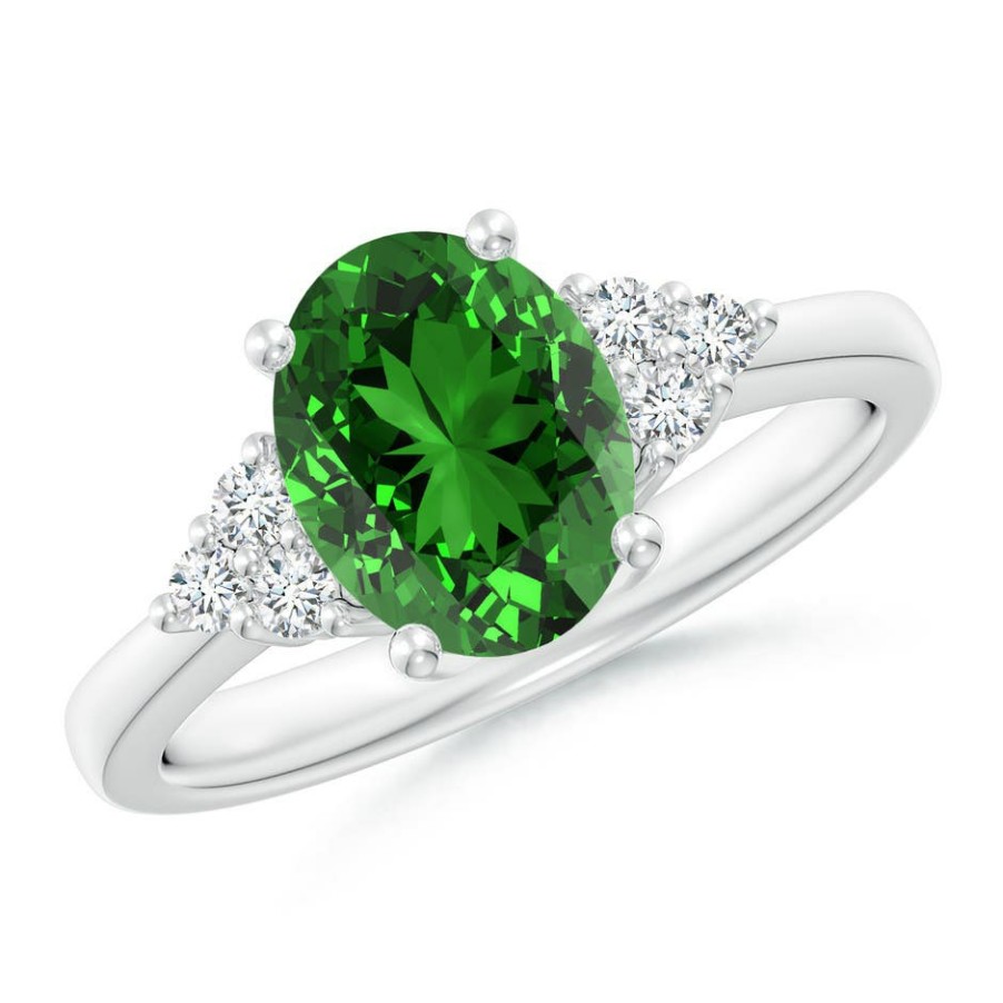 Rings Angara Emerald | Lab-Grown Solitaire Oval Emerald Ring With Trio Lab Diamond Accents