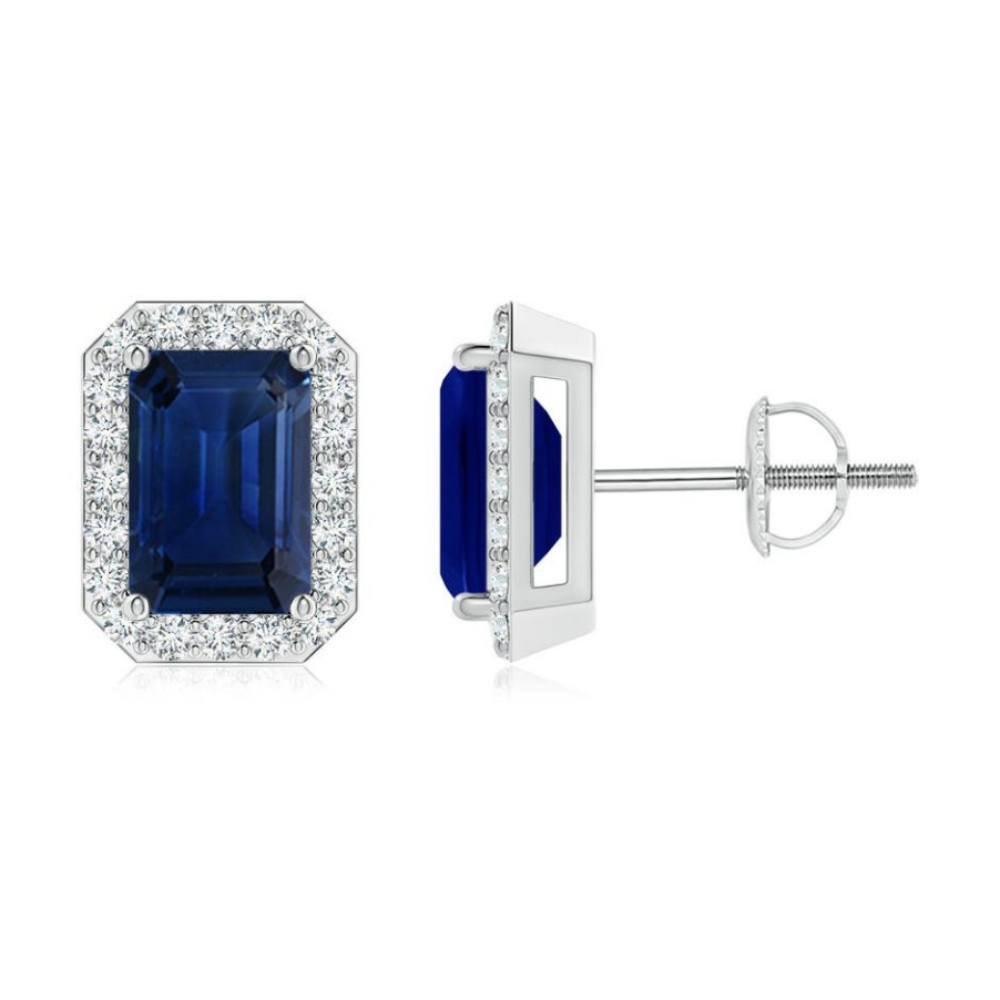 Earrings Angara Blue Sapphire | Emerald-Cut Sapphire Stud Earrings With Diamond Halo