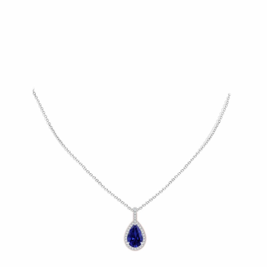 Necklaces Angara Blue Sapphire | Lab-Grown Blue Sapphire Teardrop Pendant With Lab Diamond Halo