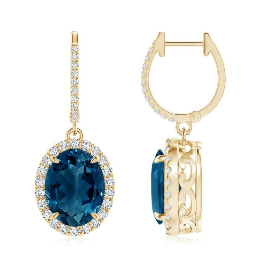 Earrings Angara London Blue Topaz | Oval London Blue Topaz Dangle Earrings With Diamonds