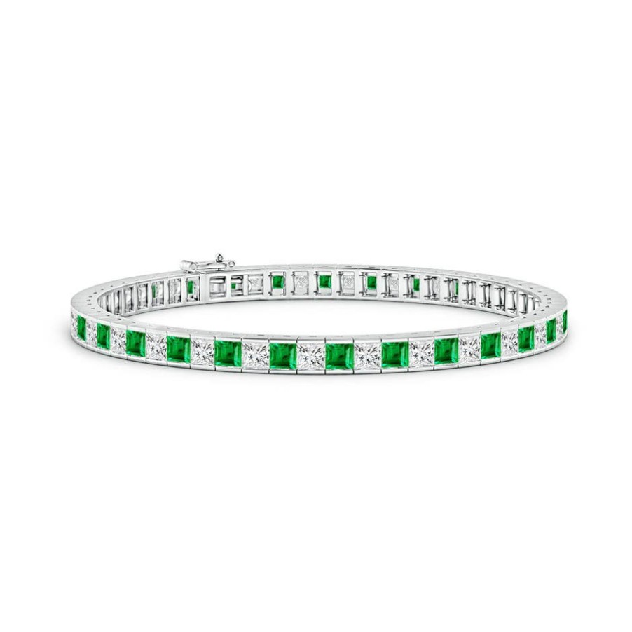 Bracelets Angara Emerald | Princess-Cut Diamond And Emerald Tennis Bracelet