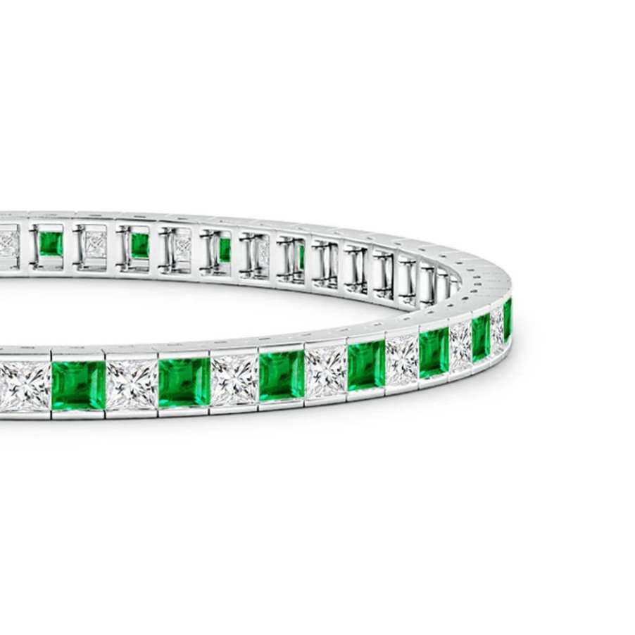 Bracelets Angara Emerald | Princess-Cut Diamond And Emerald Tennis Bracelet