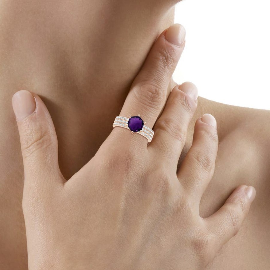 Rings Angara Amethyst | Natori X Angara Hexagonal Amethyst Triple Shank Ring